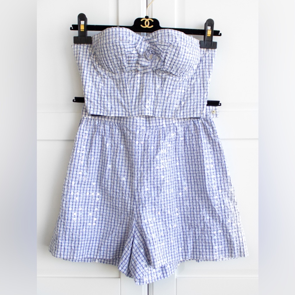 Rare Chanel Vintage Cruise 1995 Blue Gingham Bustier Shorts Camellia 95C Set - Picture 3 of 15